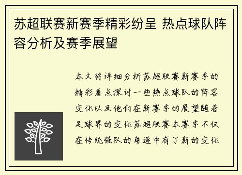 苏超联赛新赛季精彩纷呈 热点球队阵容分析及赛季展望