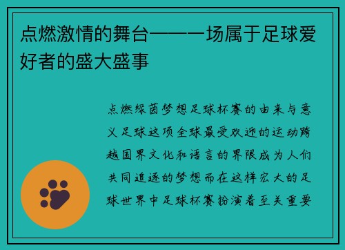 点燃激情的舞台——一场属于足球爱好者的盛大盛事