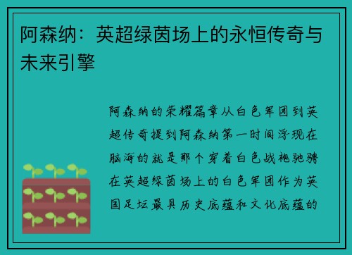 阿森纳：英超绿茵场上的永恒传奇与未来引擎