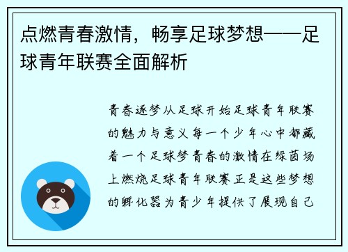 点燃青春激情，畅享足球梦想——足球青年联赛全面解析